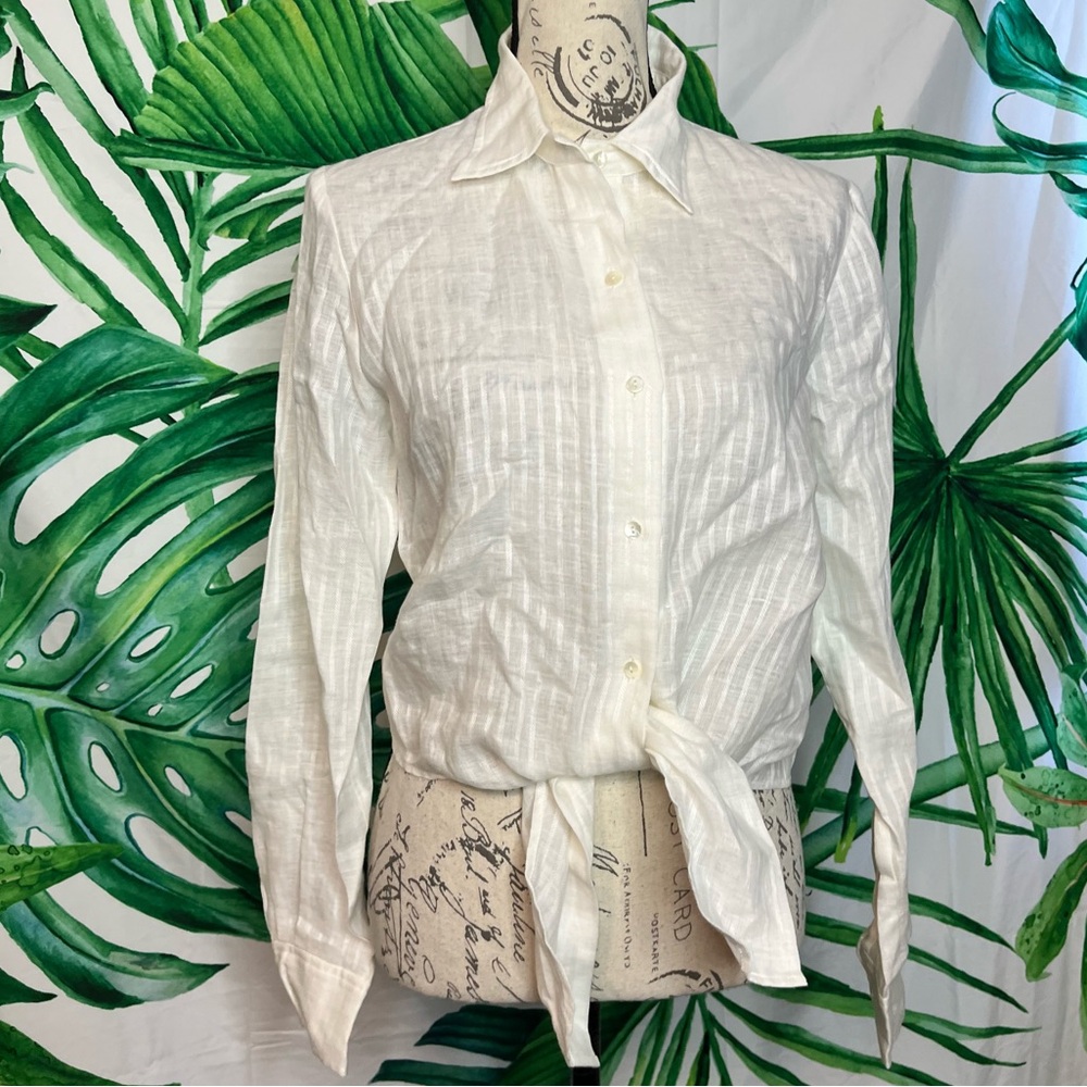 Leggiadro 8 Italian Button Up Front Knot Semi Sheer Ivory Preppy Spring Top
